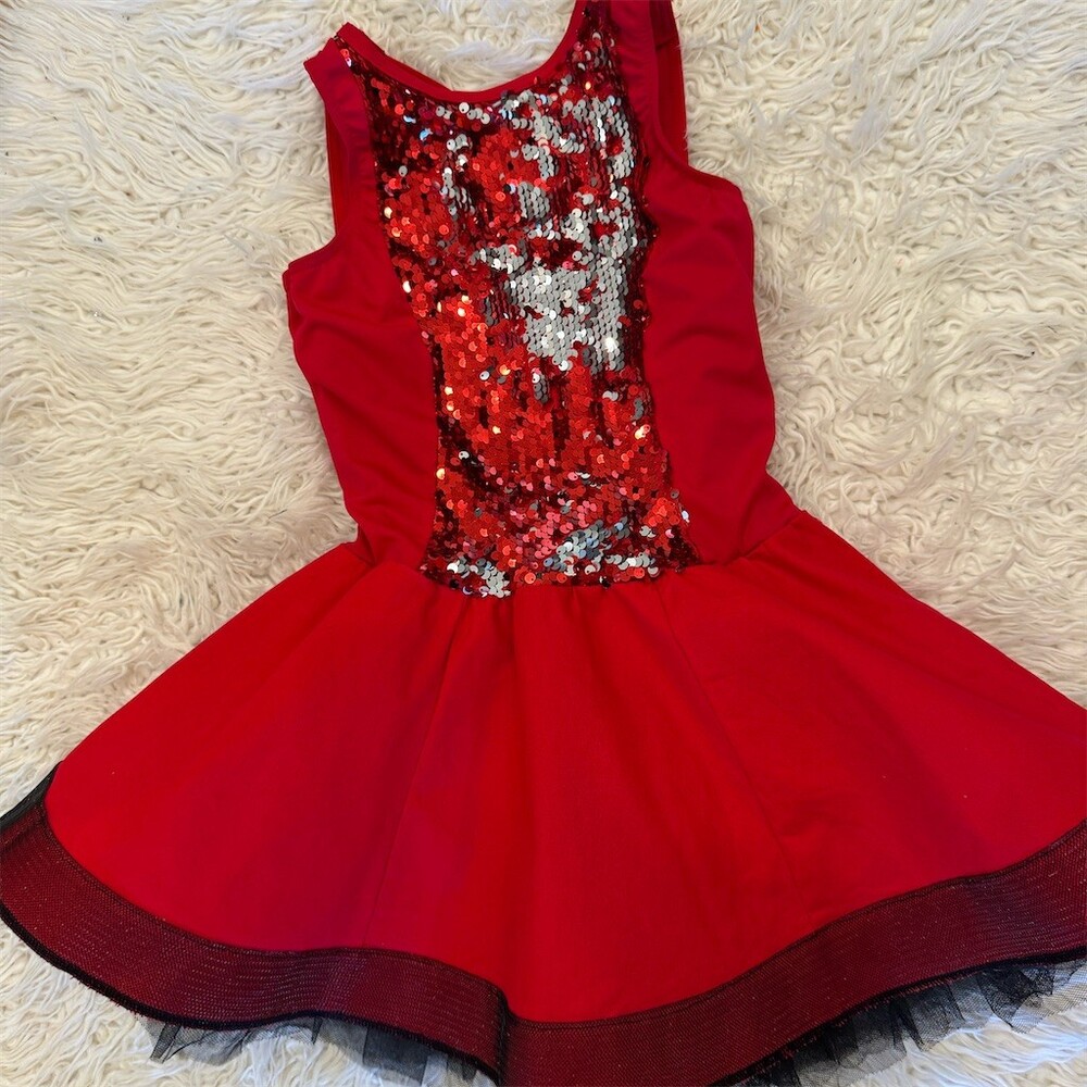 Weissman Girls Dance Costume Dress Red Sequin Skater Crisscross Back L